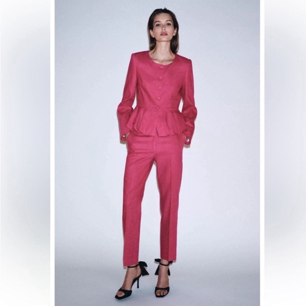 NWT Zara Linen Blend Peplum Blazer in Fuchsia Pink Size S